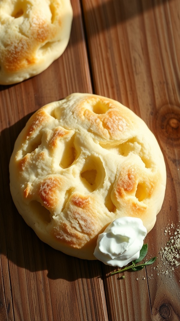 Fluffy Cloud Bread with Greek Yogurt Recipe Fluffy cloud bread on a wooden table with Greek yogurt and herbs.